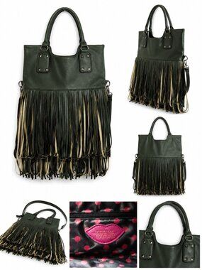 Kiss Me Couture Green Fringe Tote Shoulder Bag Boho Western Crossbody Purse